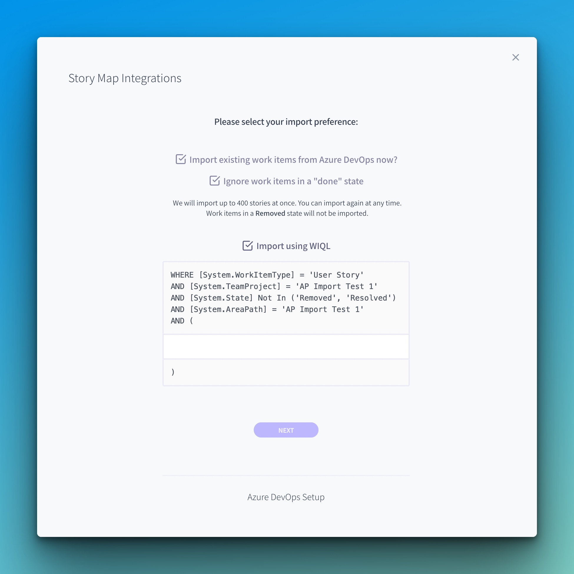 Your WIQL query will be saved for future imports, but can also be changed later